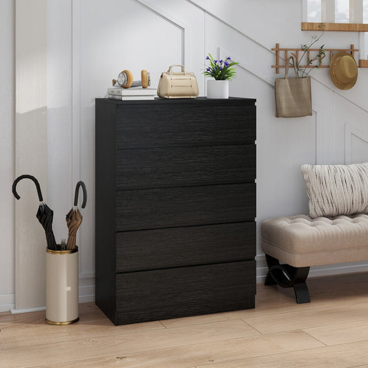 The chest of drawers in a hallway, next to a bench and coat rack, with umbrellas in a stand