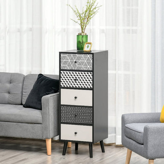 Tall black and white patterned cabinet in a living room setting with a gray sofa and chair.