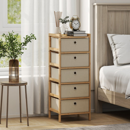 The narrow dresser placed in a bedroom next to a bed with a plant and clock on top