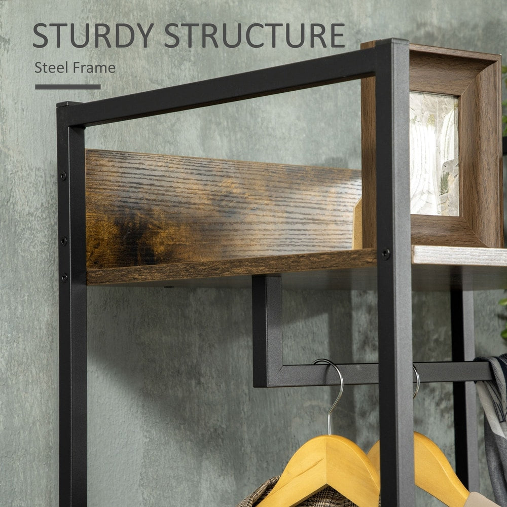 Close up of the metal frame and wooden shelf on the clothes rail