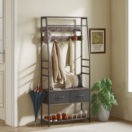 Industrial coat stand with shoe bench, used in a hallway with coats, shoes and accessories