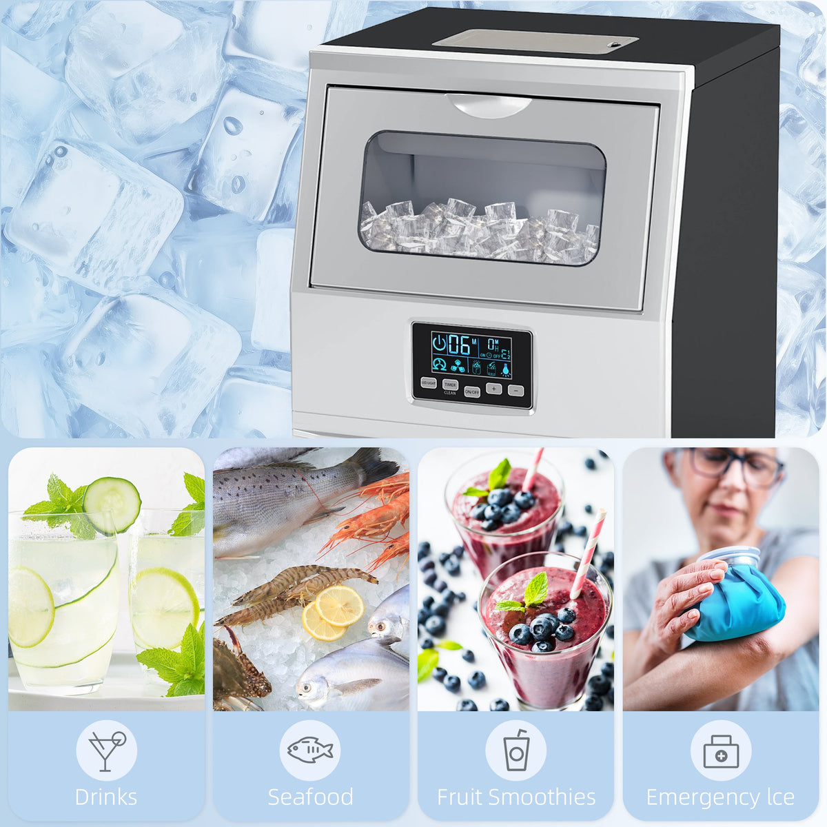 Collage showing the commercial ice maker with 4kg ice storage used for drinks, seafood, smoothies and emergency ice