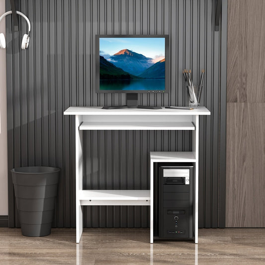 This white computer desk is shown in a home office setting with a computer and bin