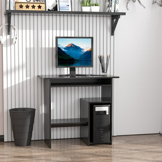 The small computer table set up in a home office with a computer and bin