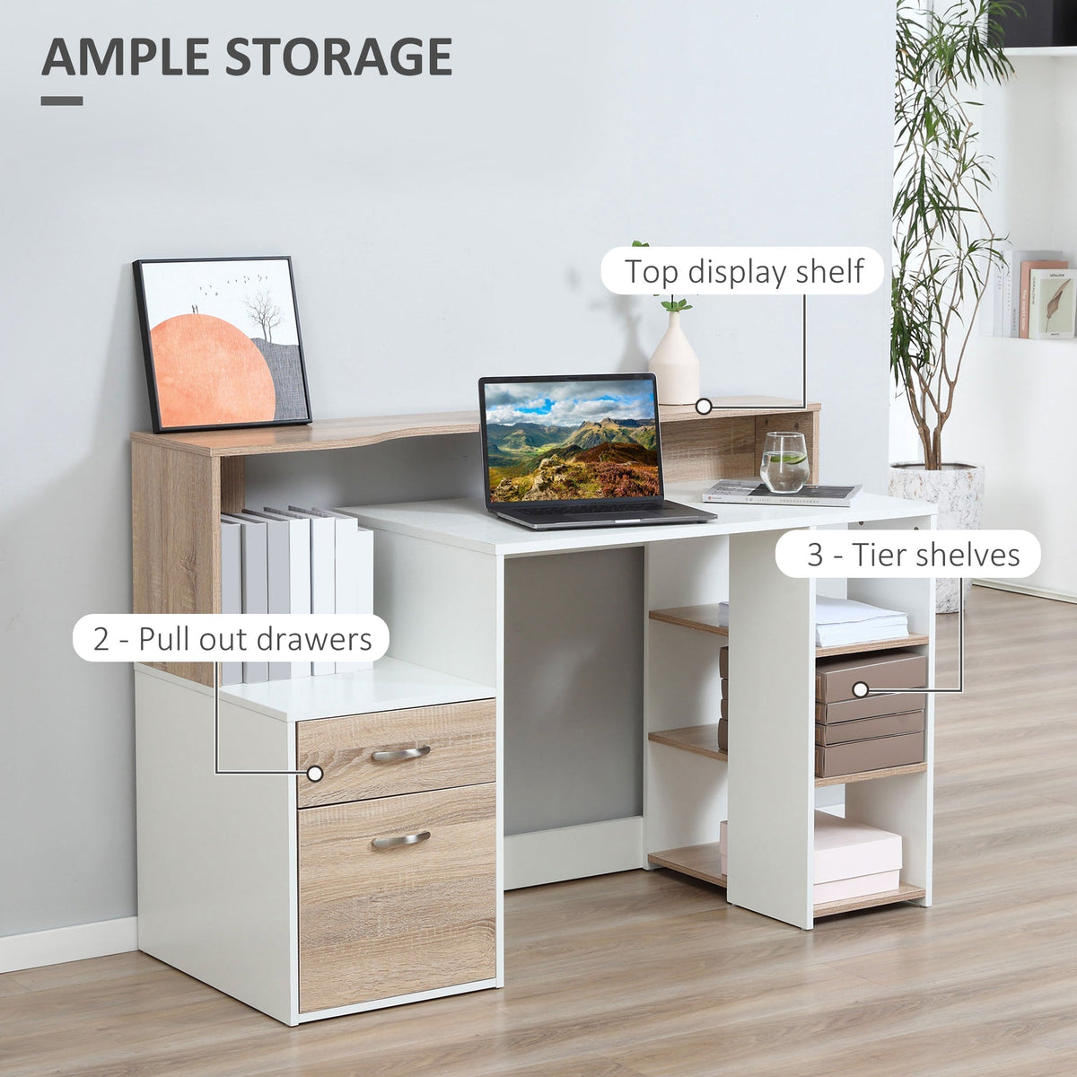 The large workstation desk with pull out drawers and three tier shelves, showing ample storage space