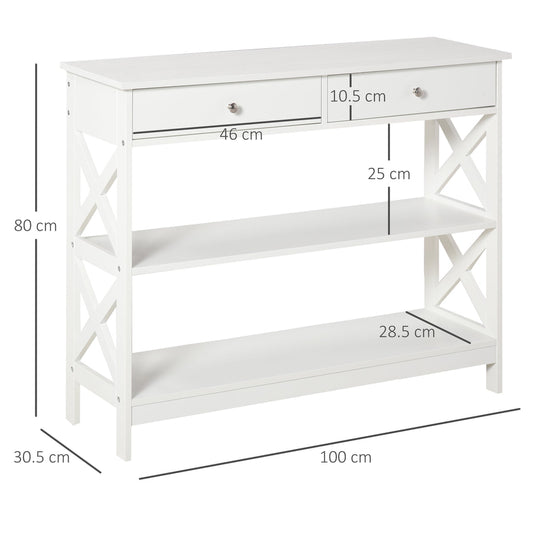 The white console table with dimensions, two drawers and two shelves, X-frame sides