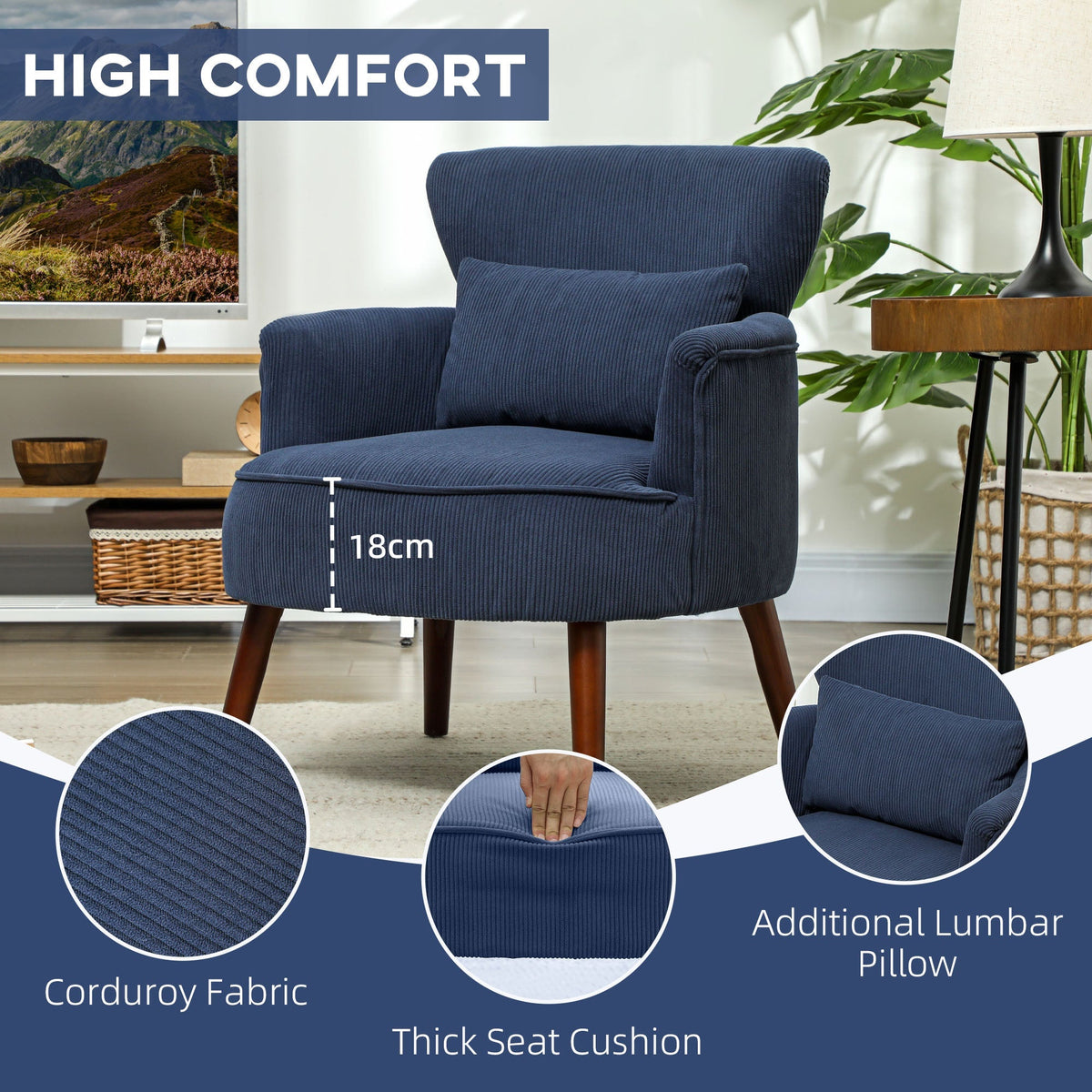 Close up of the blue corduroy accent chair showing thick seat cushion and additional lumbar pillow