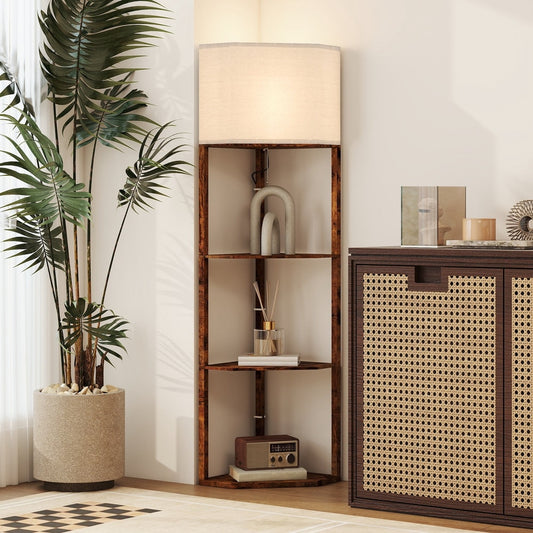 The corner floor light with shelves is placed in a room next to a plant and a cabinet