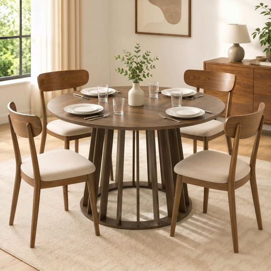 the dining table set up with four chairs in a dining room