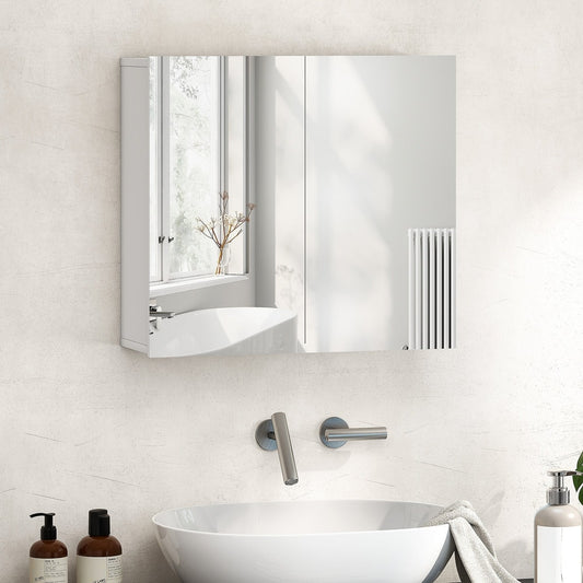 White bathroom mirror cabinet mounted above a sink in a modern bathroom setting