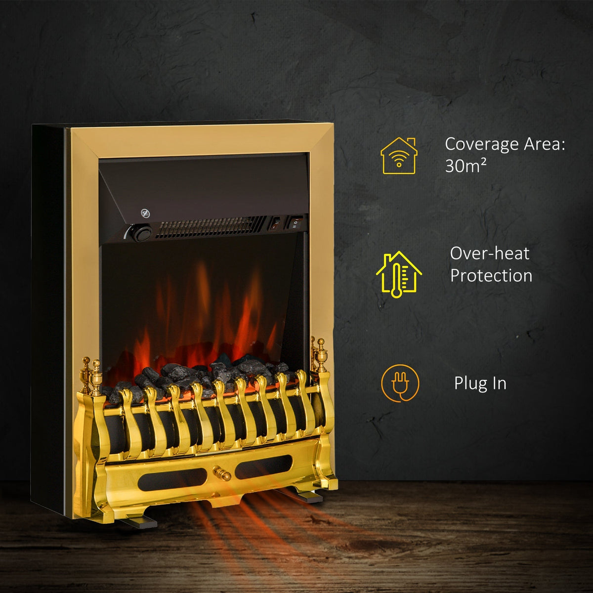 The electric heater features a coal burning flame effect and overheat protection