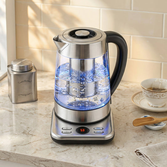 The water kettle glowing with blue light while sitting on a kitchen counter with a tea cup