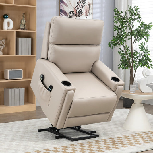 Beige electric riser and recliner chair positioned in a living room setting