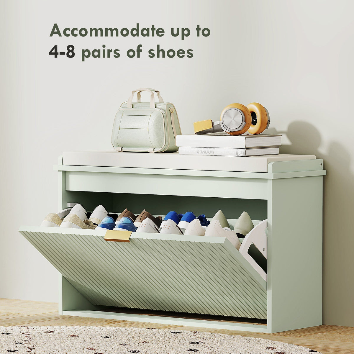 The shoe storage bench filled with various pairs of shoes in the open drawer