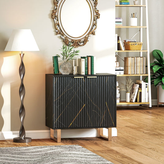 The storage cabinet placed in a living room next to a floor lamp and a mirror