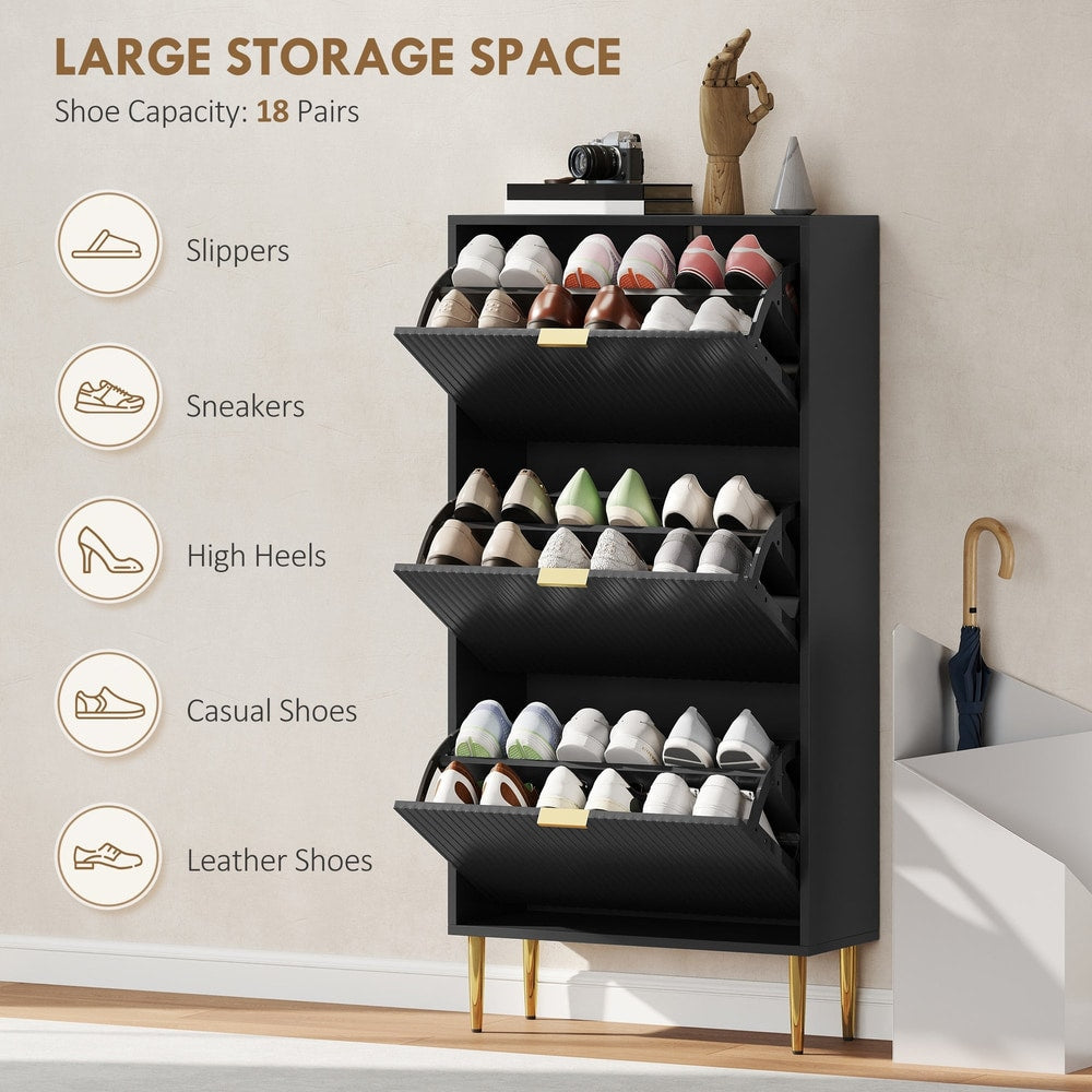 Black three-drawer shoe cabinet with doors open showing different shoe types stored inside