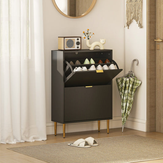 Black shoe storage cabinet with two flip-down drawers in a hallway setting