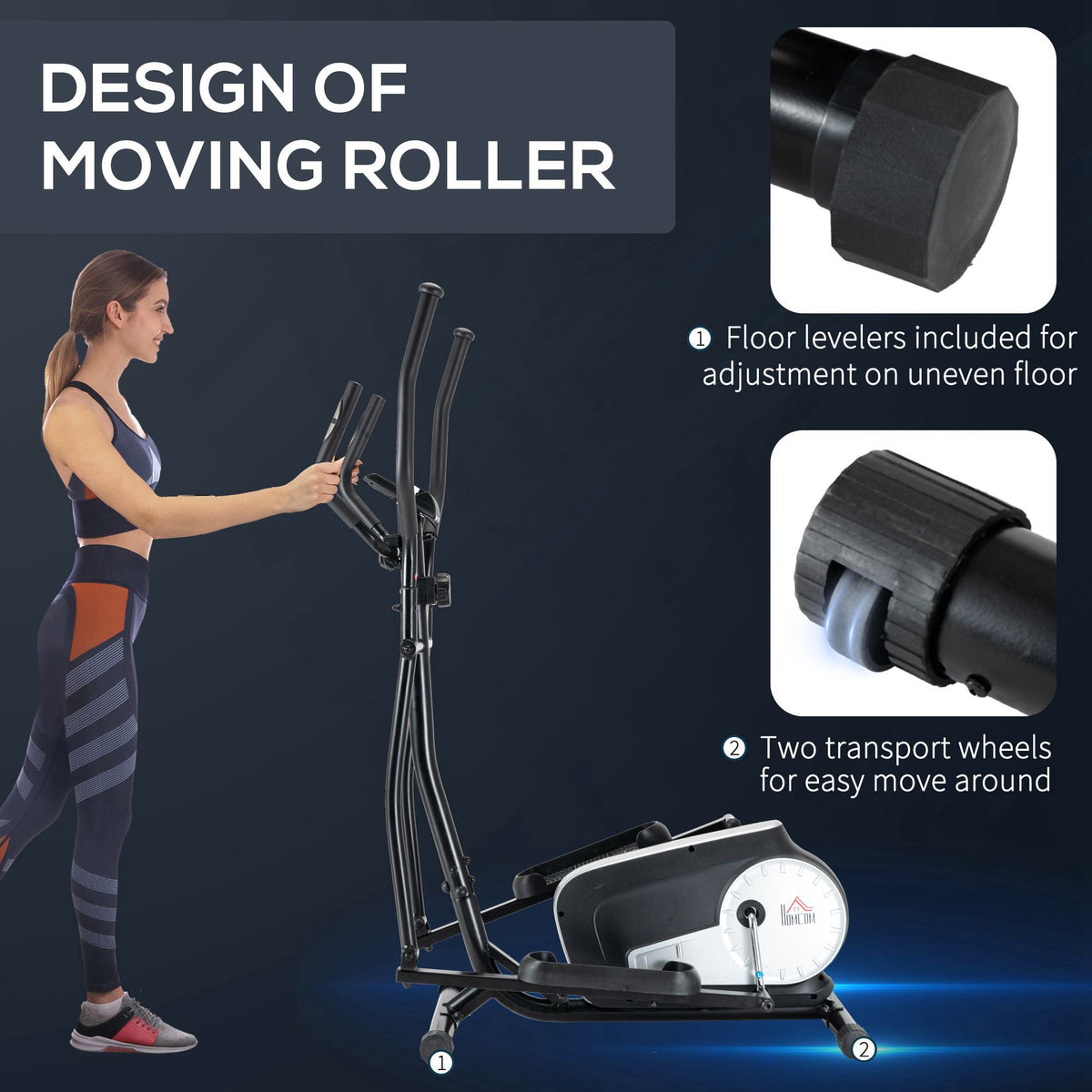 Elliptical cross trainer showing transport wheels and floor levelers