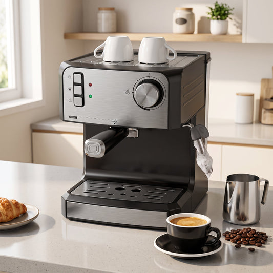 The coffee maker on a kitchen counter with cups, coffee beans and a milk jug