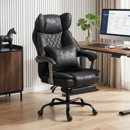 The office chair positioned in a modern home office setting next to a wooden desk