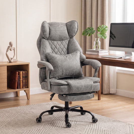 The office chair placed in a bright home office setting next to a wooden desk
