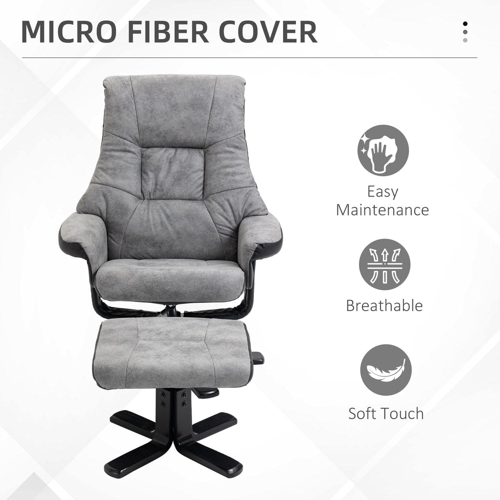 Close up of the grey fabric recliner armchair and footstool, highlighting its micro fibre cover