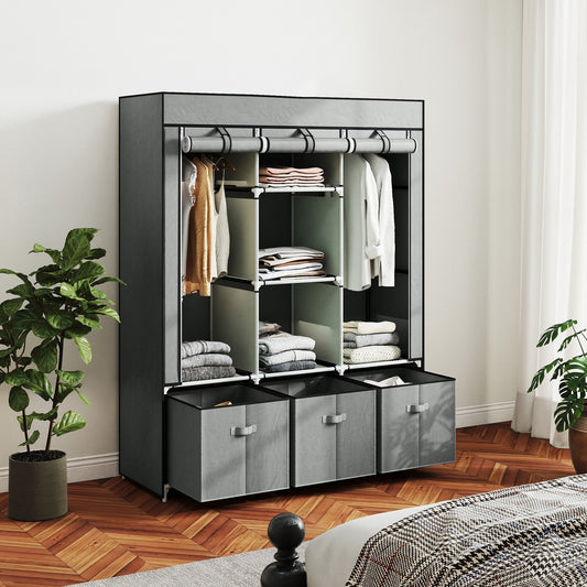 The portable wardrobe filled with clothes and accessories in a bright bedroom setting
