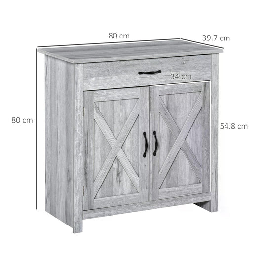 This grey grain storage cabinet has dimensions shown for height, width and depth