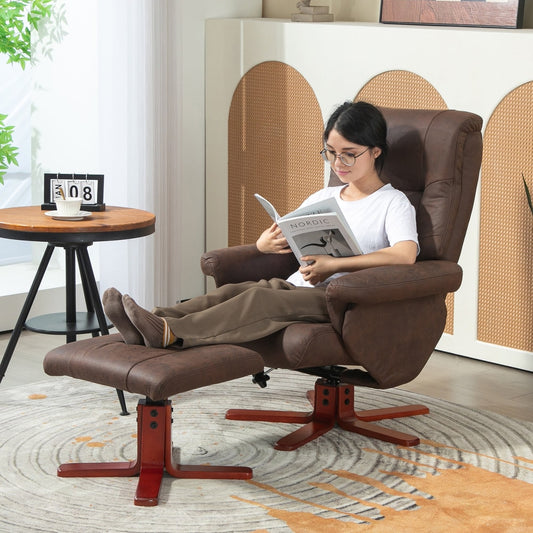 Woman reading a book while sitting in the dark brown recliner armchair with footstool