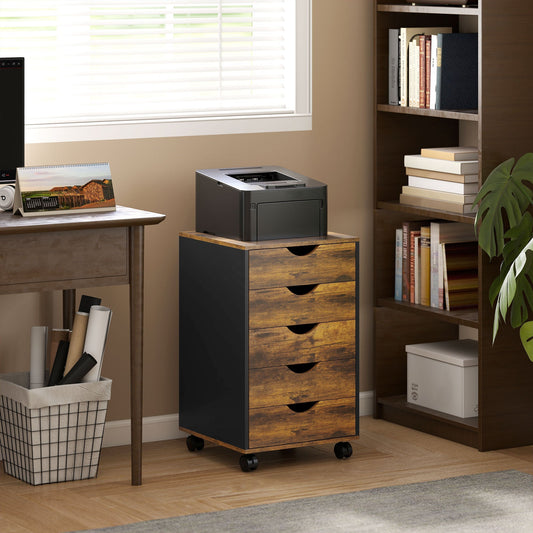 Rustic brown five-drawer filing cabinet next to a desk with a printer on top