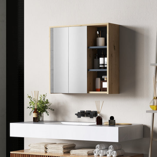 The bathroom mirror mounted on a wall above a white sink with toiletries inside