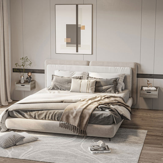 Two grey wall mounted bedside tables in a bedroom setting