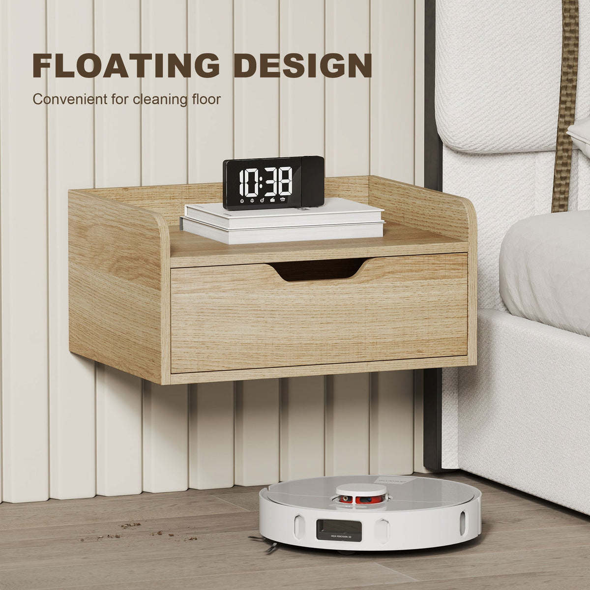 The storage cabinet mounted on a wall with a robot vacuum cleaner on the floor below