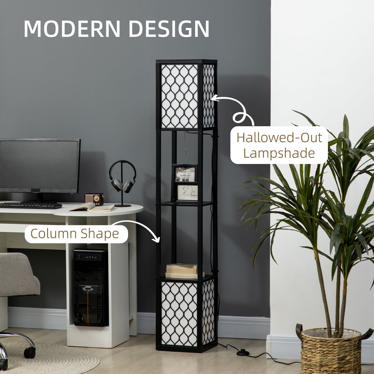 A modern floor lamp with shelves is displayed in a home office setting