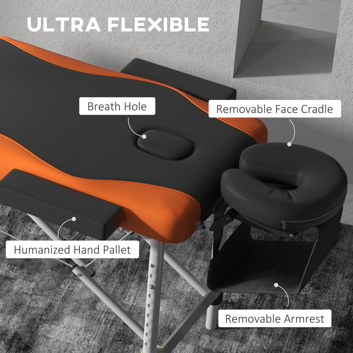 The massage table showing the removable face cradle and armrest attachments