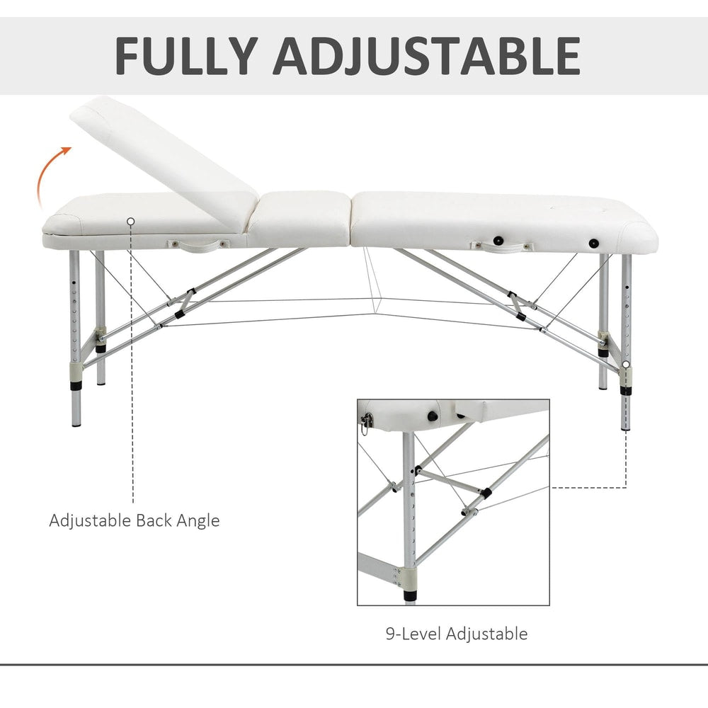 The white adjustable massage couch showing back angle and height adjustment