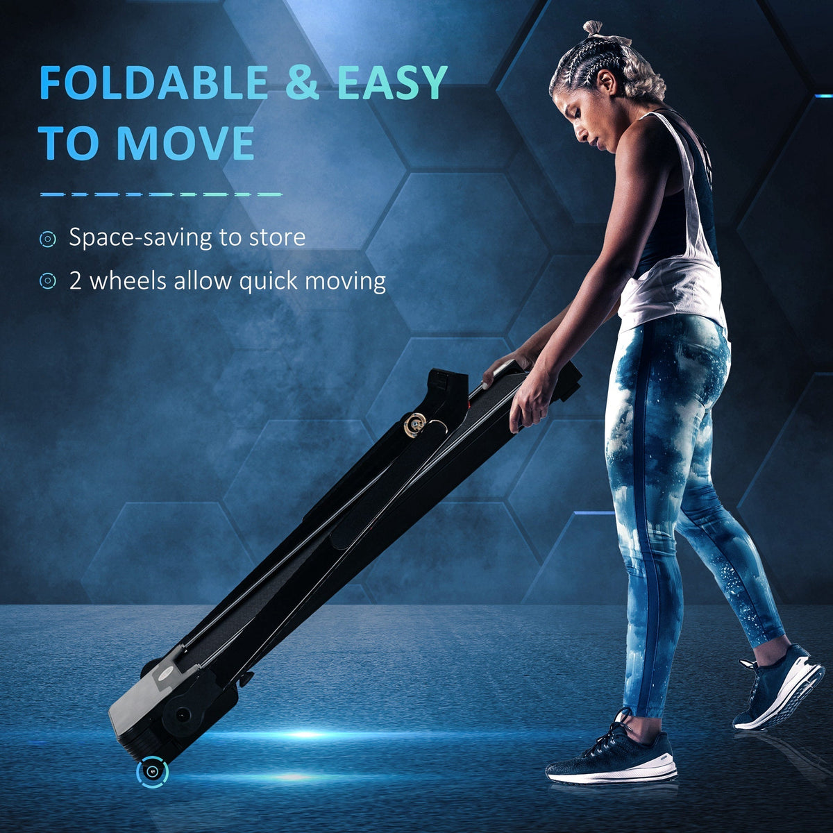 A person tilting the folded running machine to move it using the integrated wheels