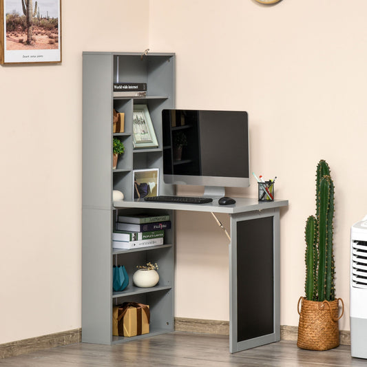 The grey office desk with shelves and a blackboard is set up with a computer and books on it
