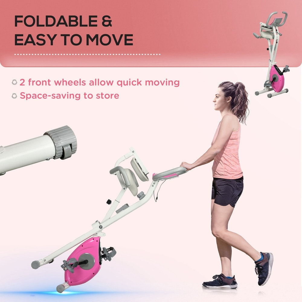 The white and pink exercise bike folded and being moved