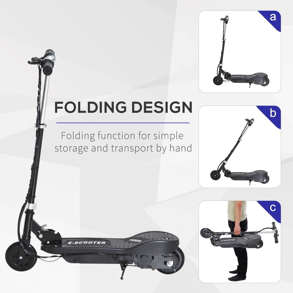 The folding kids electric scooter being folded for storage and transport by hand