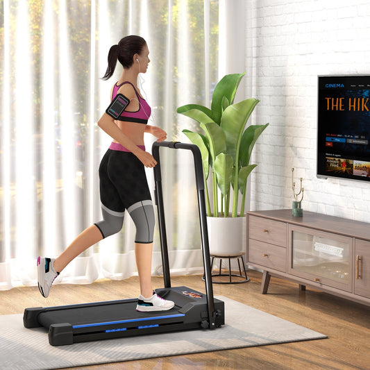 Woman running on a blue folding treadmill in a living room