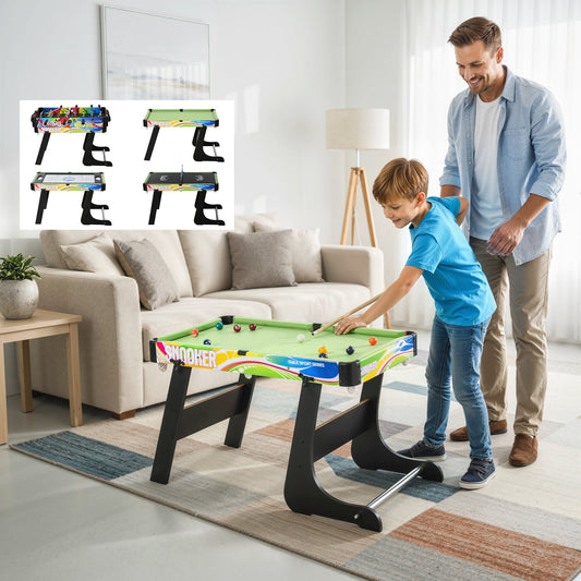 A father and son playing on the multi game table in a bright living room setting