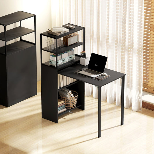 The black folding desk and shelf unit is shown assembled with a laptop and books on the desk surface