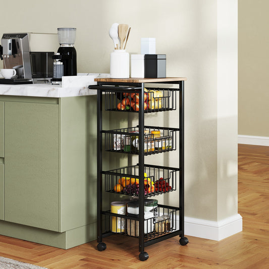 Four basket mobile kitchen island with fruit and jars in a domestic kitchen setting