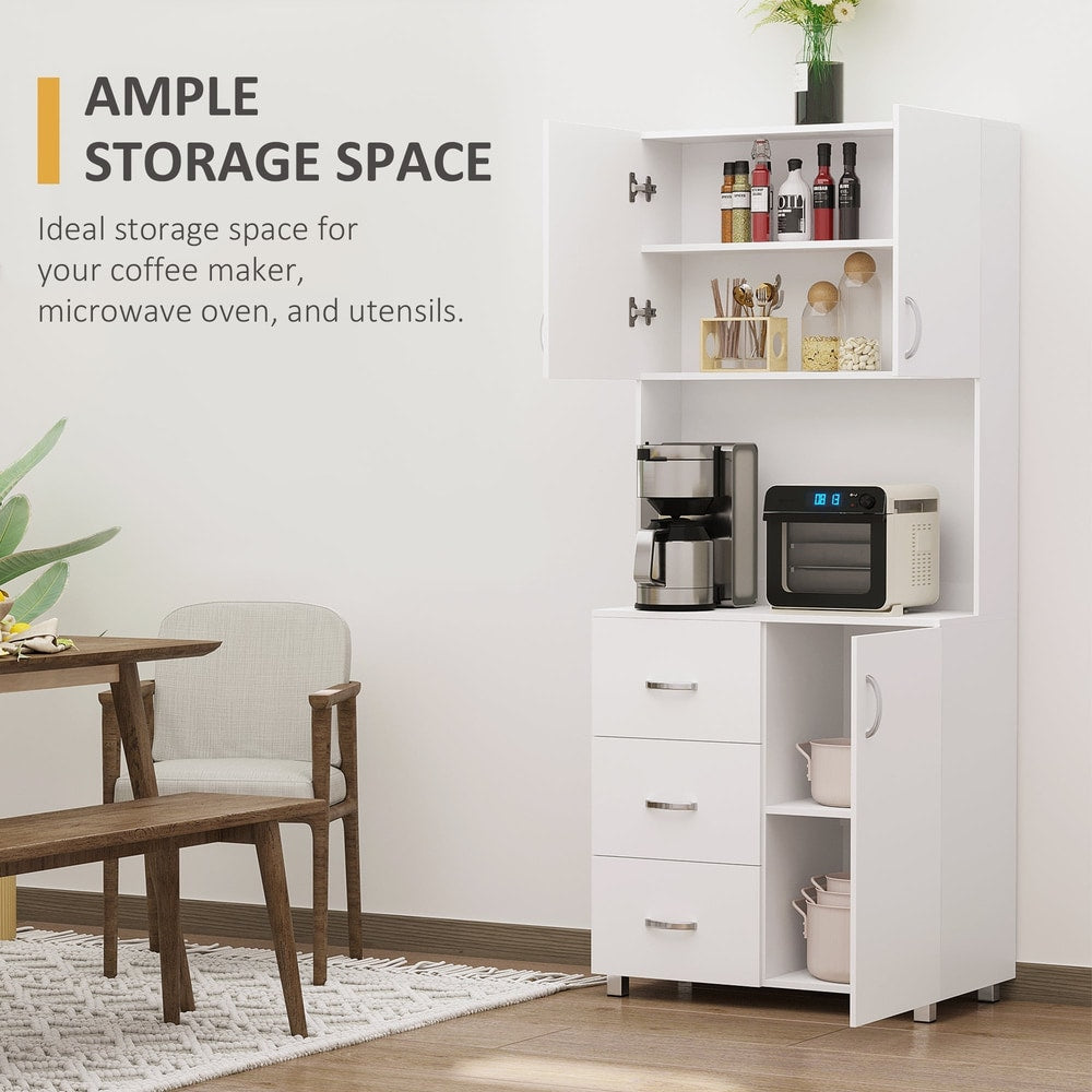The white kitchen cabinet with its doors open, revealing shelves and drawers inside