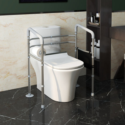 The toilet safety frame positioned around a white toilet in a modern bathroom setting