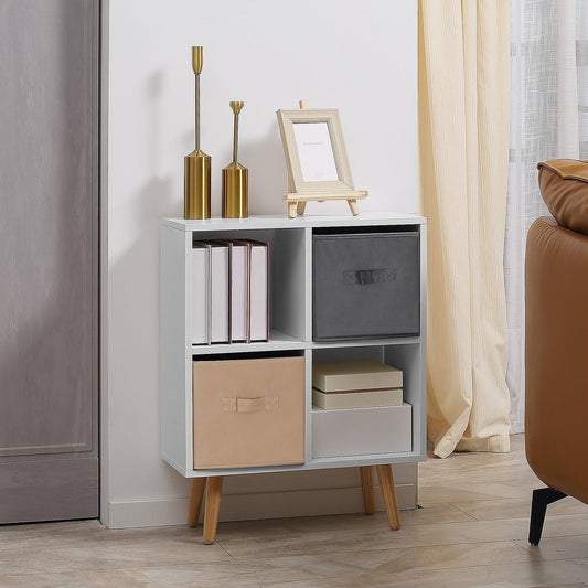 The storage cabinet is shown in a living room setting with books and decorative items on the shelves