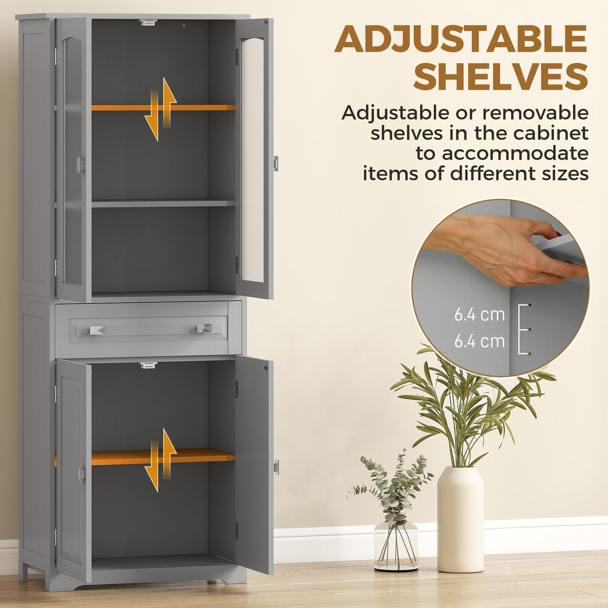 The kitchen cupboard highlighting the adjustable shelves with a close-up of the mechanism