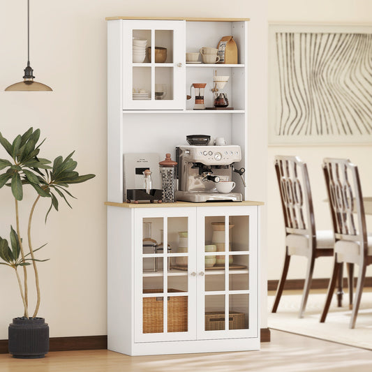White kitchen cupboard with grid glass doors and adjustable shelves, shown in a kitchen setting