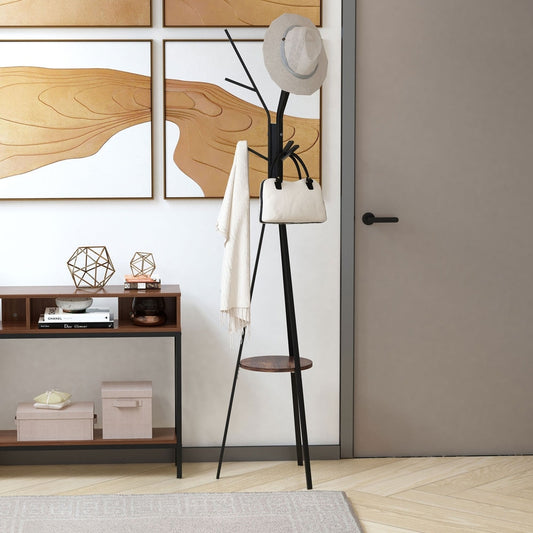 The coat rack stand in a hallway with a hat and coat on it